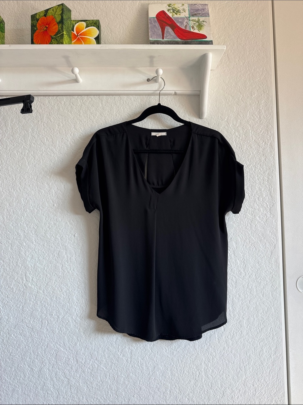 Pleione Black V-Neck Short Sleeve Blouse